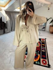 Tensel kumaş kimono takım taş renk