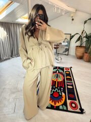 Tensel kumaş kimono takım taş renk