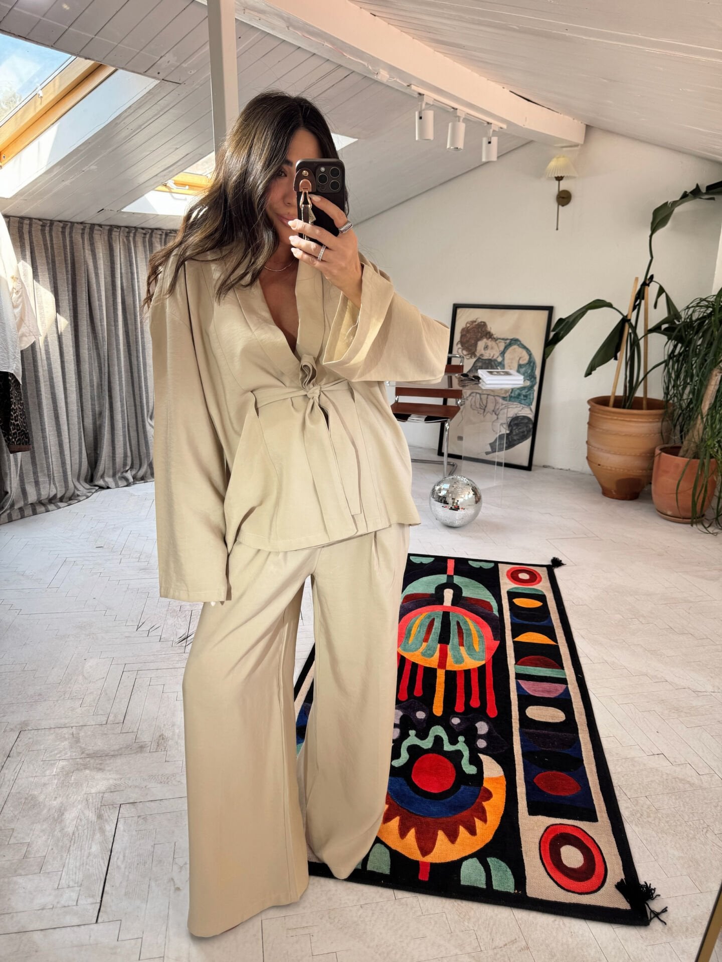 Tensel kumaş kimono takım taş renk