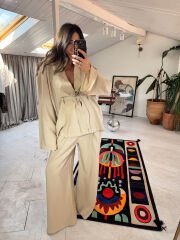 Tensel kumaş kimono takım taş renk