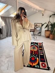 Tensel kumaş kimono takım taş renk