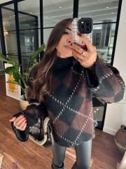 Cashmere balıkçı yaka ekoseli triko