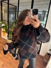 Cashmere balıkçı yaka ekoseli triko