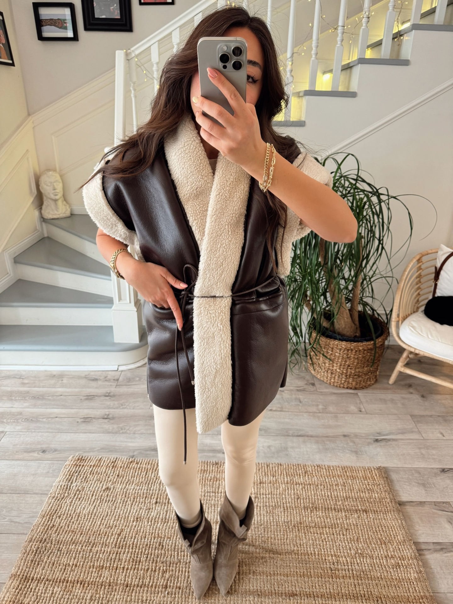 Acı kahve içi peluşlu deri yelek