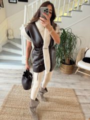 Acı kahve içi peluşlu deri yelek