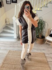 Acı kahve içi peluşlu deri yelek