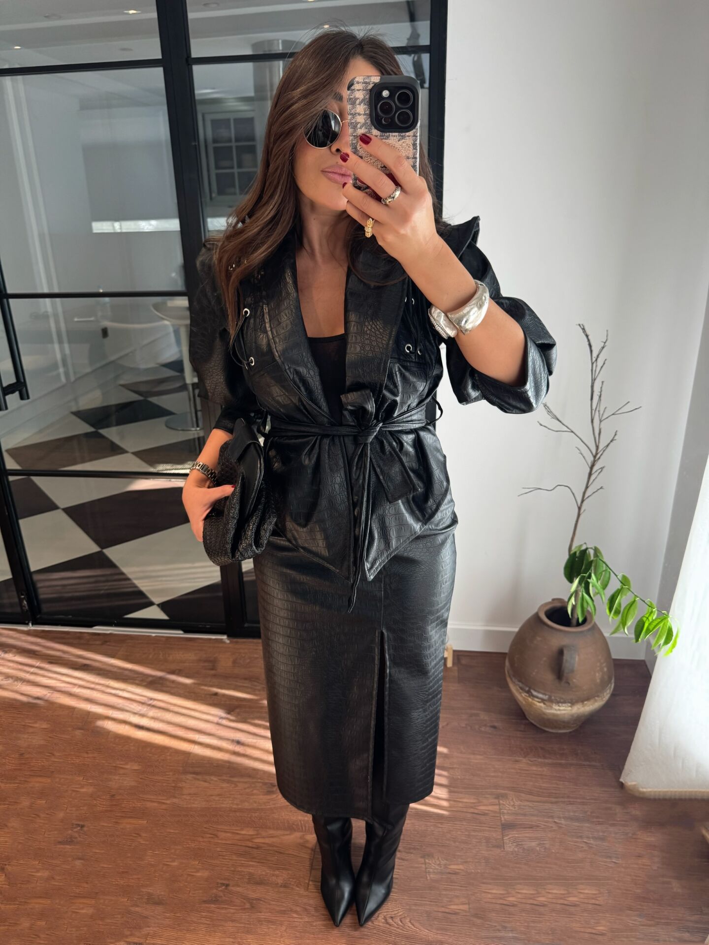 Croco Suni Deri Kuşgözü Biker& Etek Takım