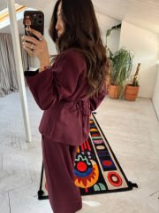 Vatkalı Belden Kuşaklı Modal Takım Bordo