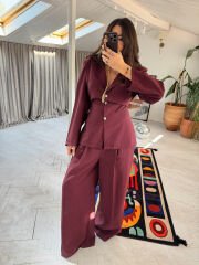 Vatkalı Belden Kuşaklı Modal Takım Bordo