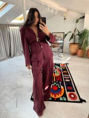 Vatkalı Belden Kuşaklı Modal Takım Bordo