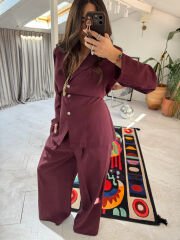 Vatkalı Belden Kuşaklı Modal Takım Bordo