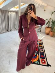 Vatkalı Belden Kuşaklı Modal Takım Bordo