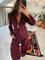 Vatkalı Belden Kuşaklı Modal Takım Bordo