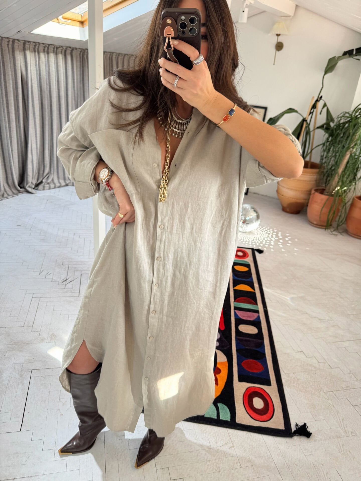 Müslin oversize gömlek elbise taş renk