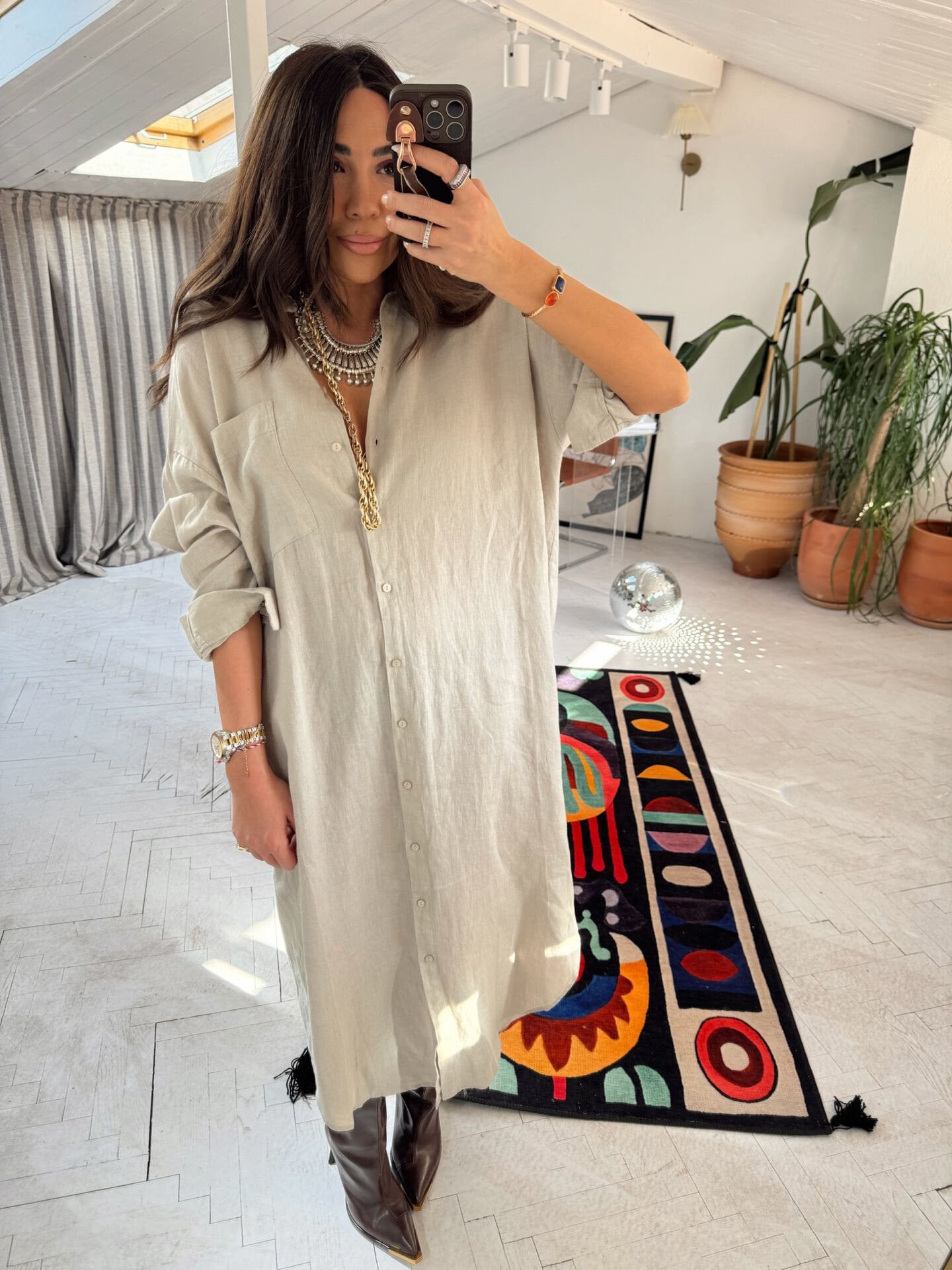 Müslin oversize gömlek elbise taş renk