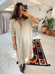Müslin oversize gömlek elbise taş renk