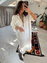 Müslin oversize gömlek elbise ekru