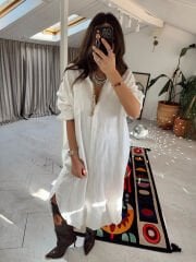 Müslin oversize gömlek elbise ekru