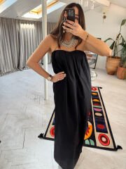 Kalp yaka pileli poplin elbise