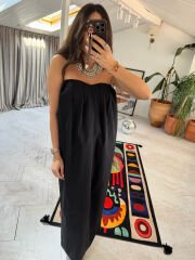 Kalp yaka pileli poplin elbise