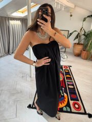 Kalp yaka pileli poplin elbise