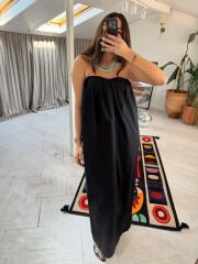 Kalp yaka pileli poplin elbise