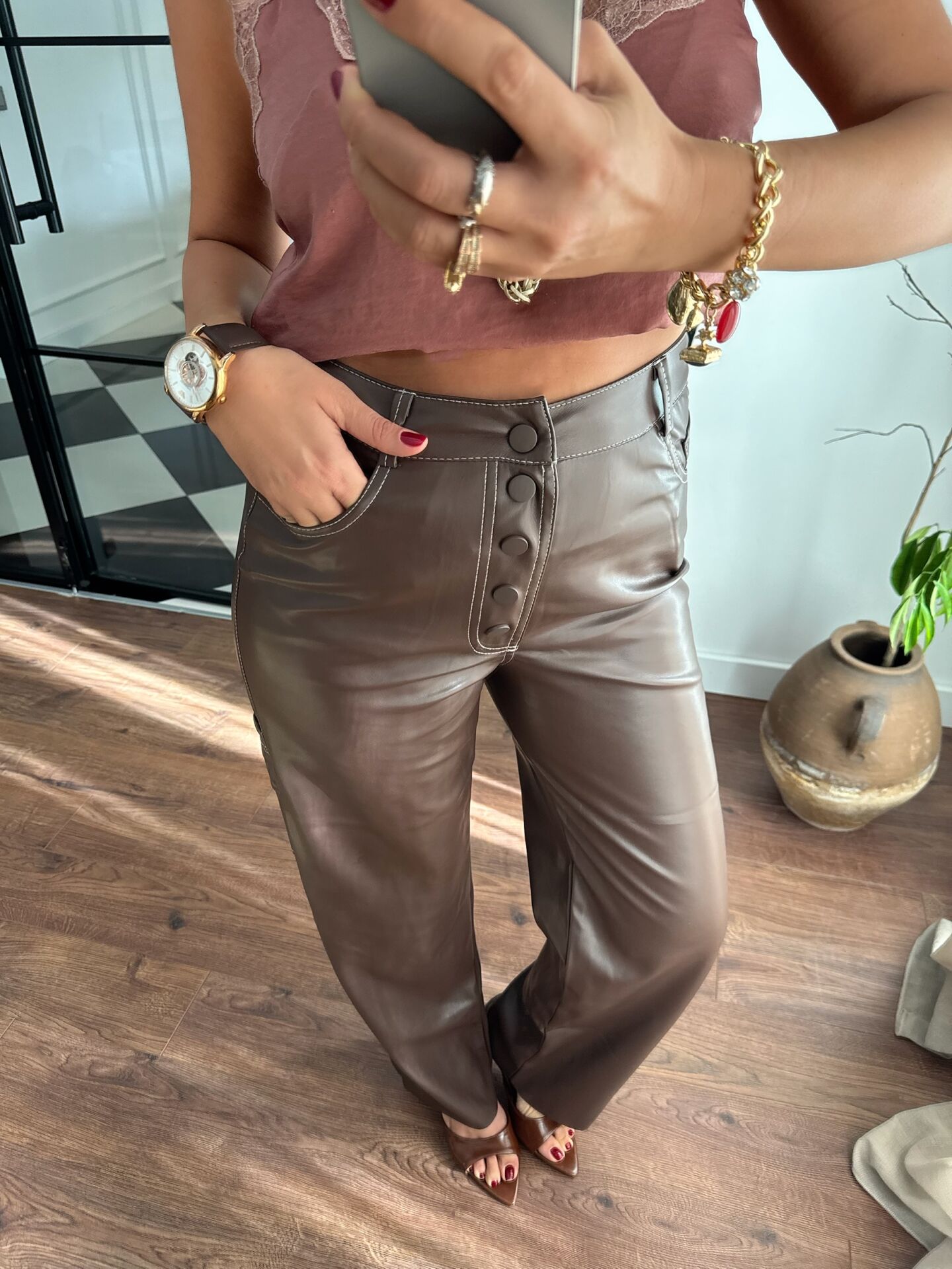 Acı Kahve Kargo Deri Pantolon