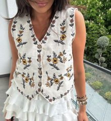 Otantik Nakışlı Keten Yelek