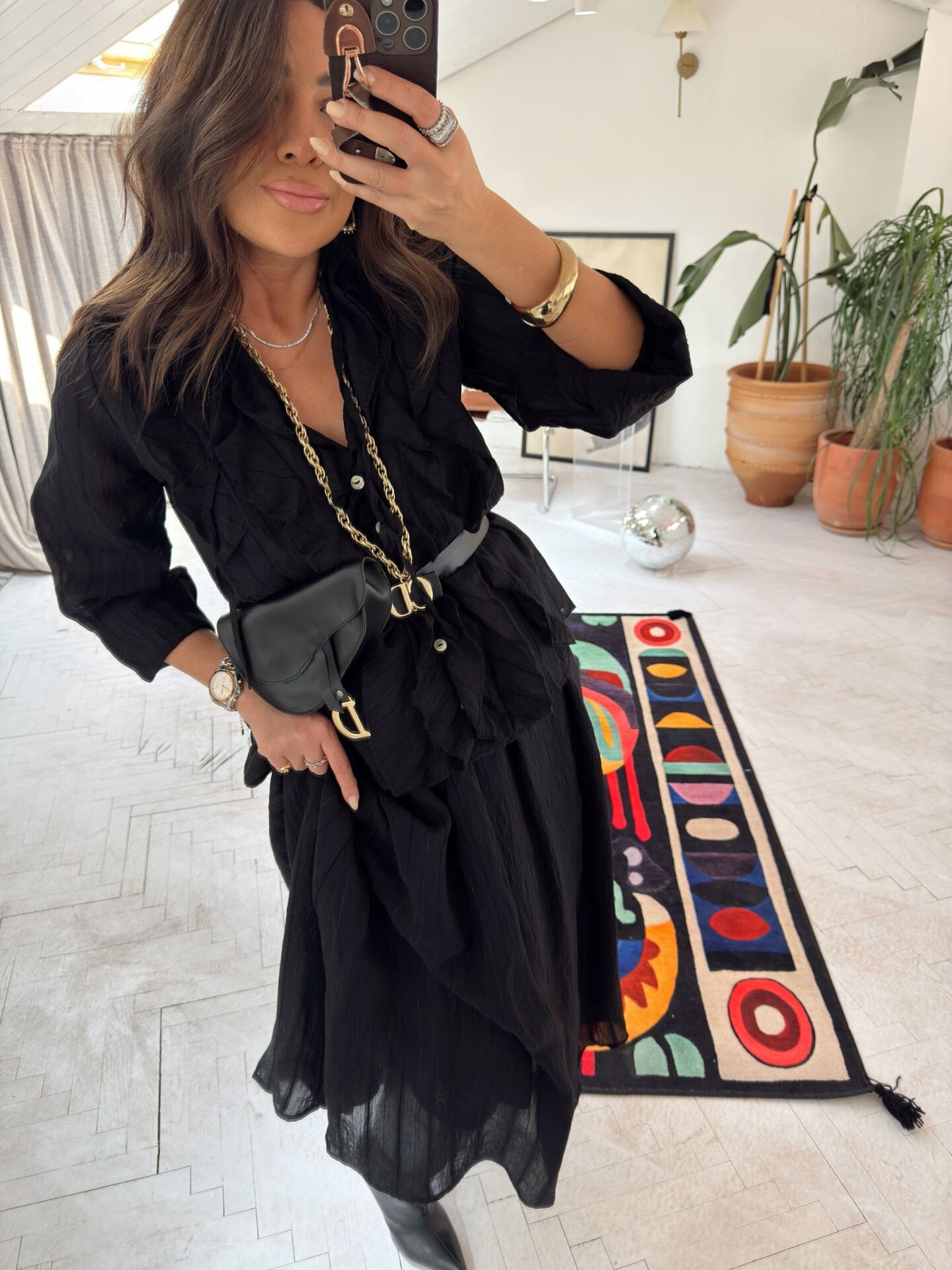 Fırfırlı şifon etek & gömlek takım siyah