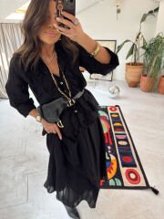 Fırfırlı şifon etek & gömlek takım siyah