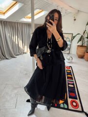 Fırfırlı şifon etek & gömlek takım siyah