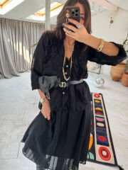 Fırfırlı şifon etek & gömlek takım siyah