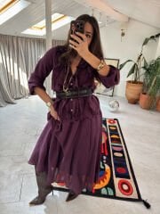 Fırfırlı şifon etek gömlek takım bordo