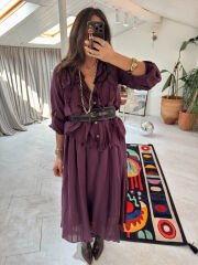 Fırfırlı şifon etek gömlek takım bordo