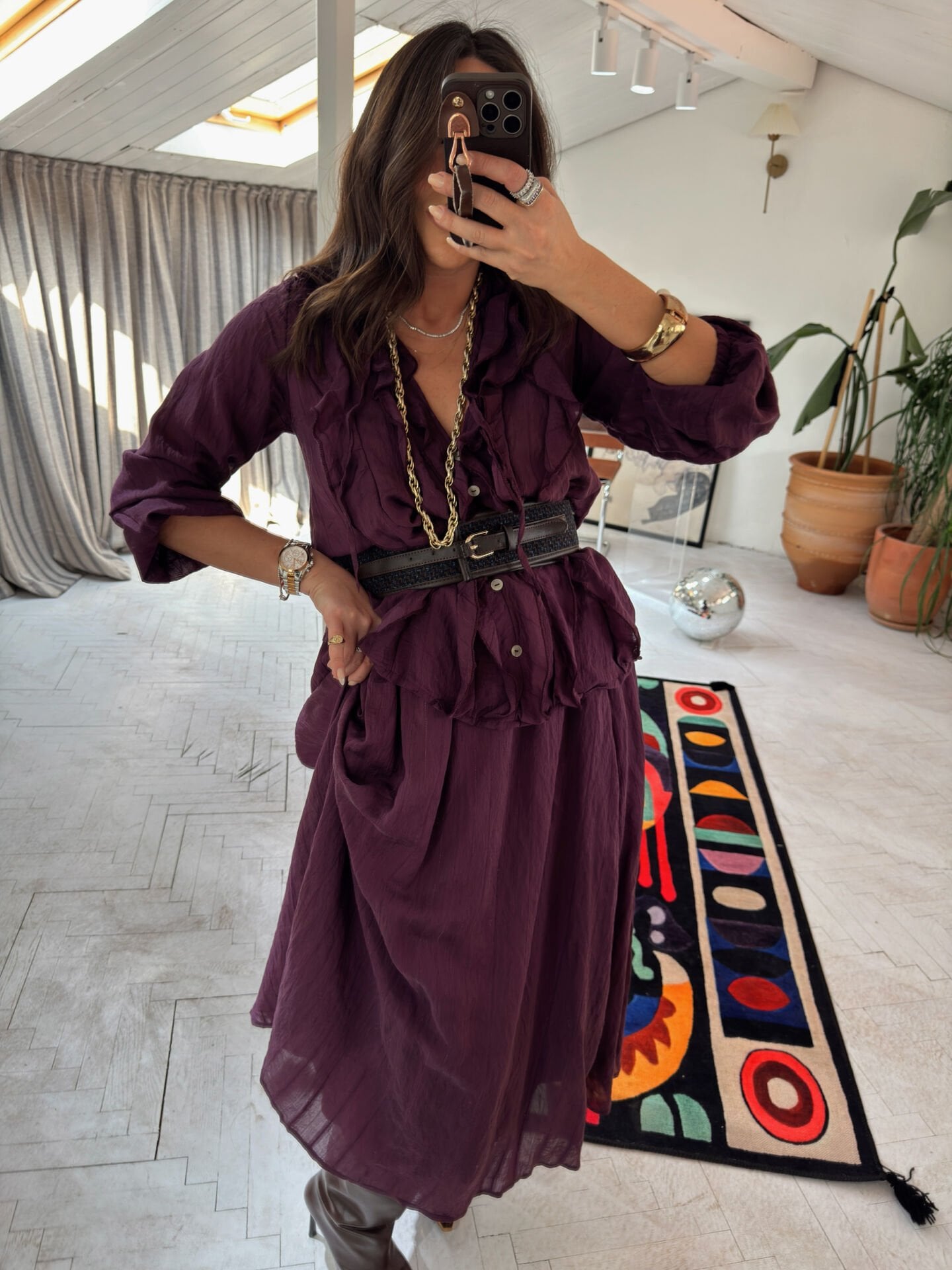 Fırfırlı şifon etek gömlek takım bordo