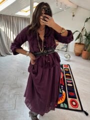 Fırfırlı şifon etek gömlek takım bordo