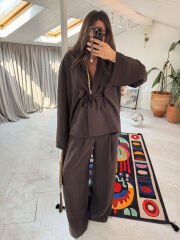 Tensel kumaş kimono takım acı kahve