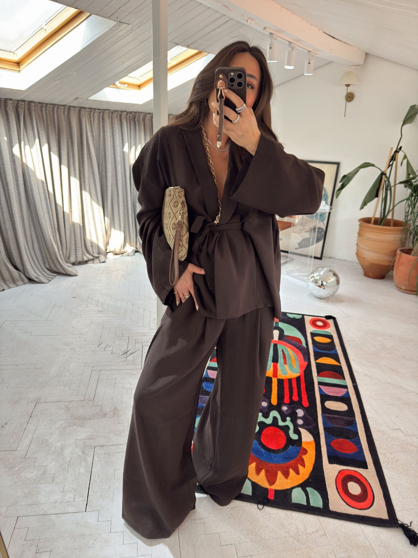 Tensel kumaş kimono takım acı kahve