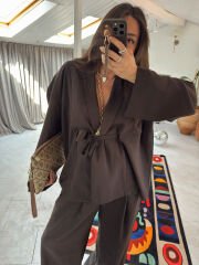 Tensel kumaş kimono takım acı kahve