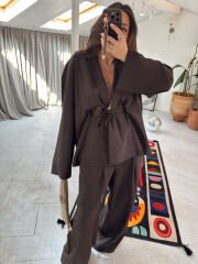 Tensel kumaş kimono takım acı kahve