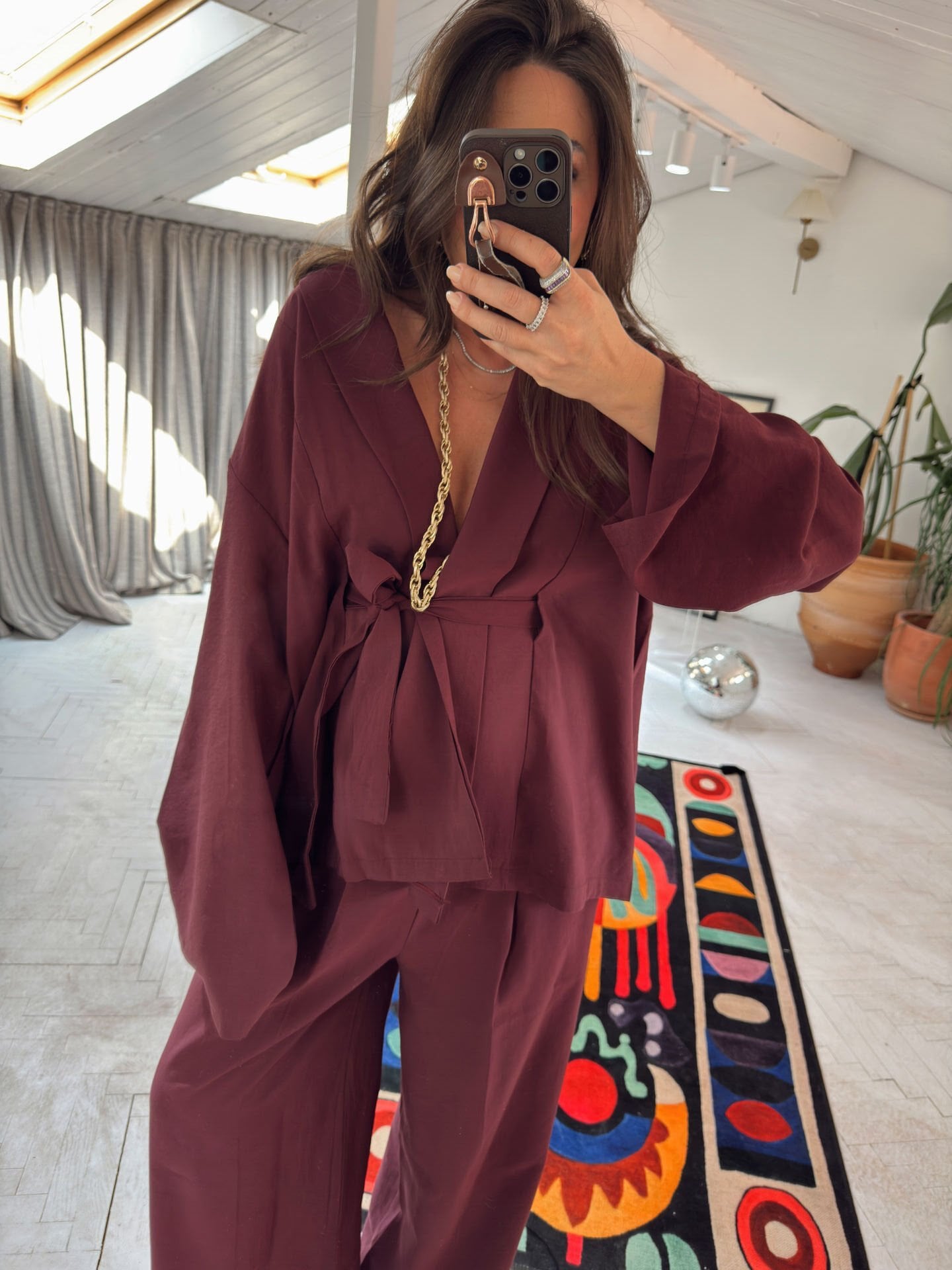 Tensel kumaş kimono takım bordo