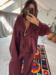 Tensel kumaş kimono takım bordo