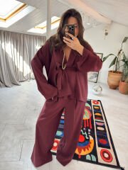 Tensel kumaş kimono takım bordo