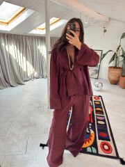 Tensel kumaş kimono takım bordo