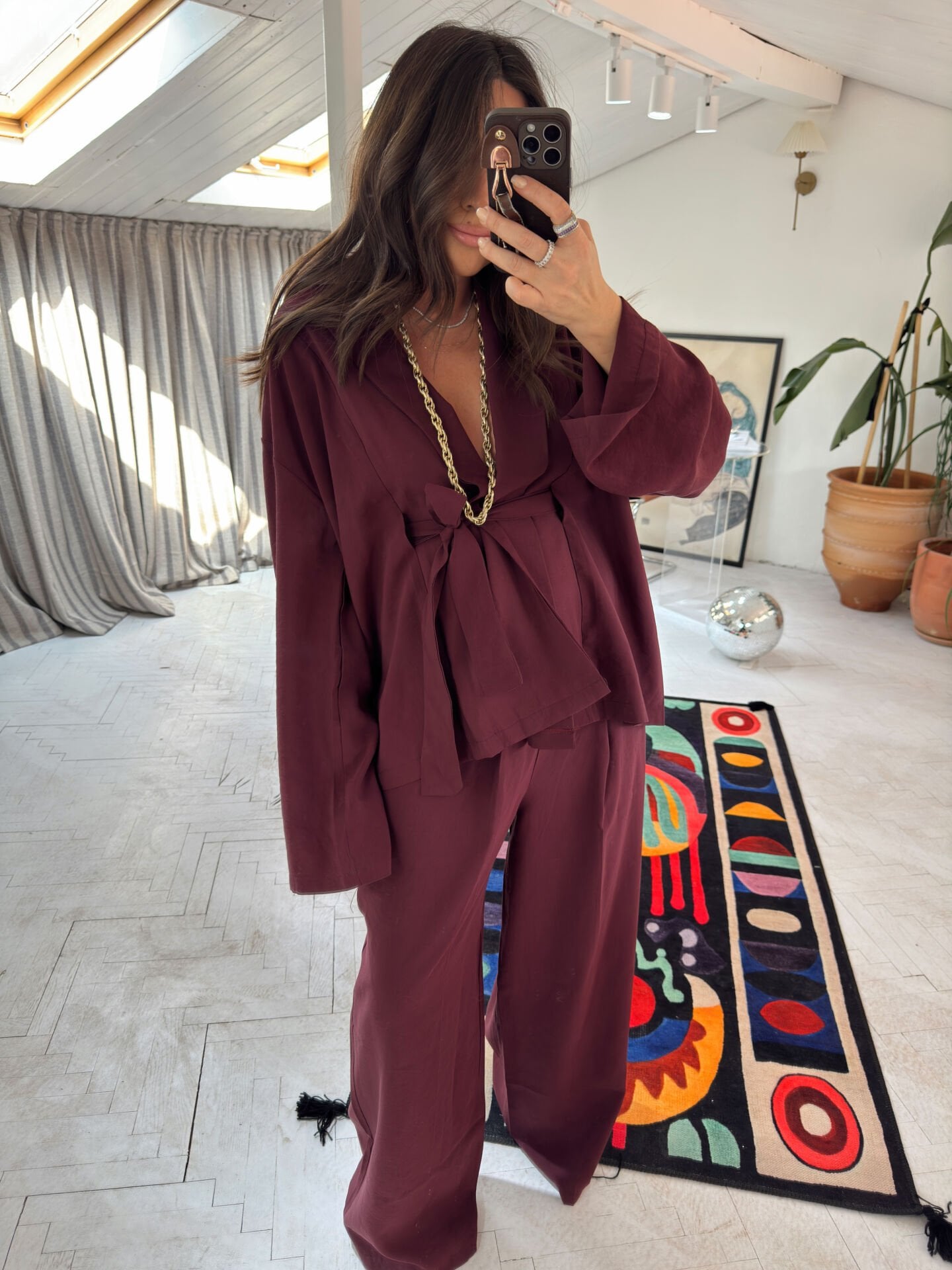 Tensel kumaş kimono takım bordo