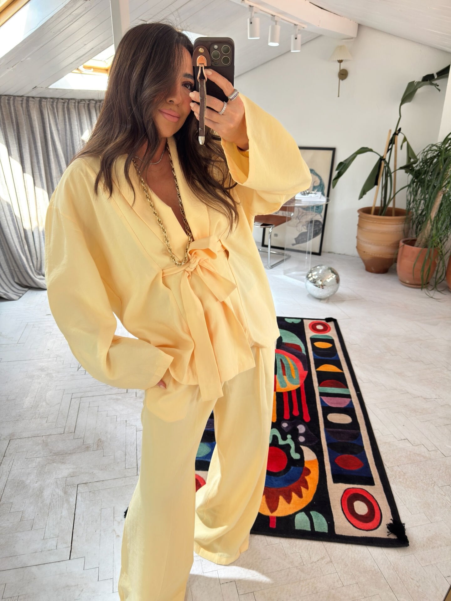 Tensel kumaş kimono takım butter yellow