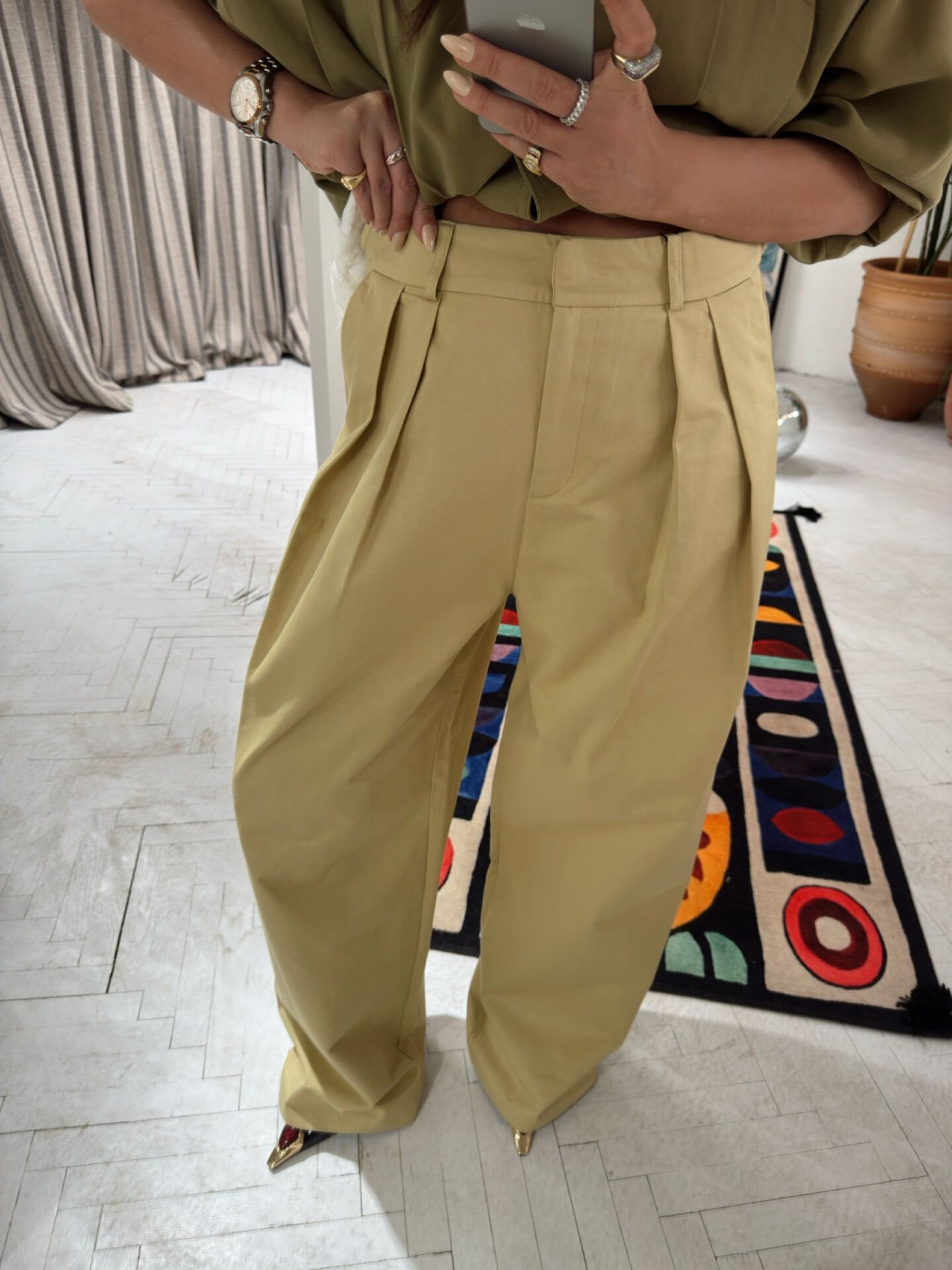 Pileli Yağ Yeşili Pantolon