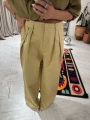 Pileli Yağ Yeşili Pantolon