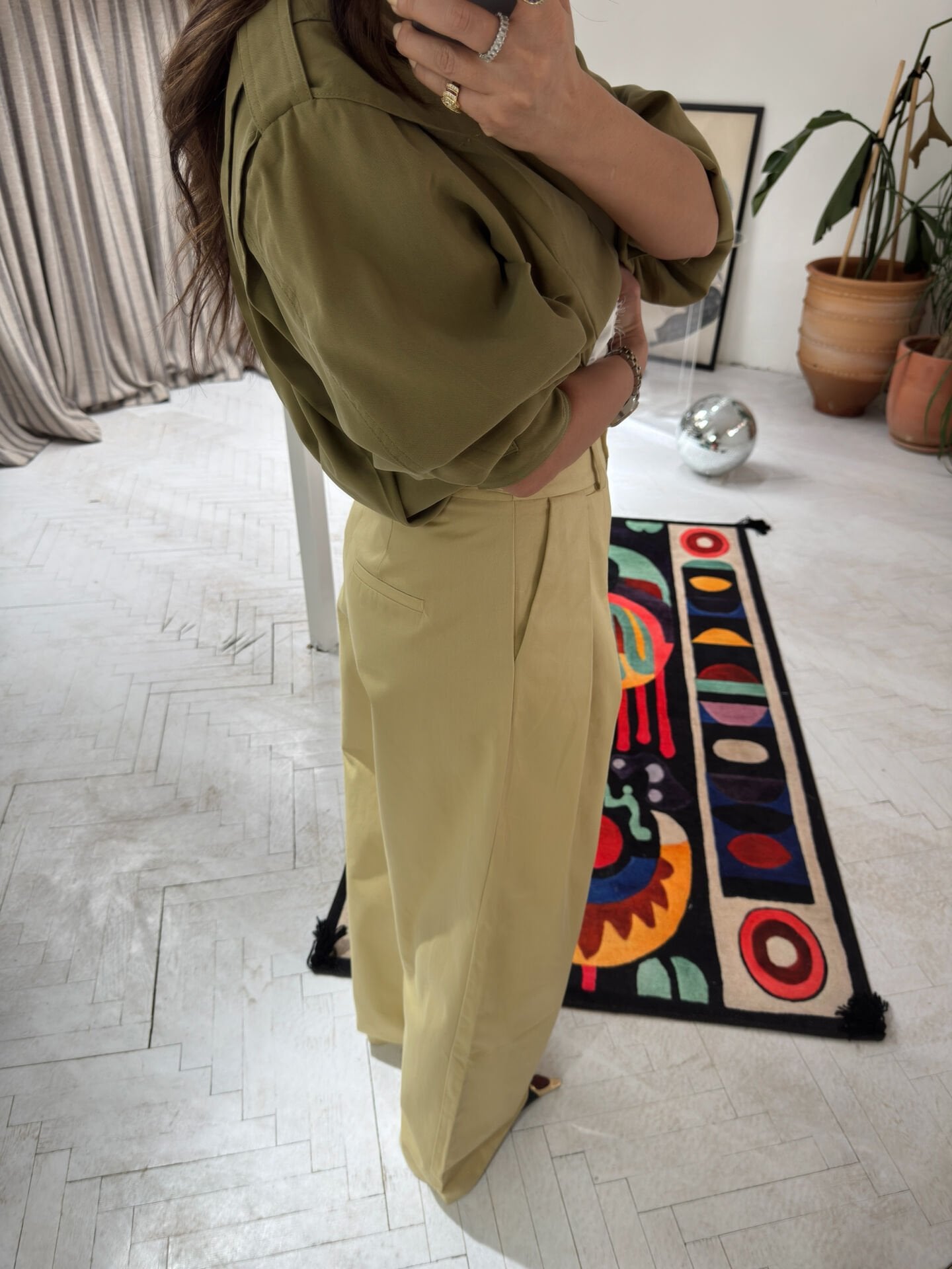 Pileli Yağ Yeşili Pantolon