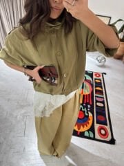 Tensel Kumaş Haki Bomber Trenç